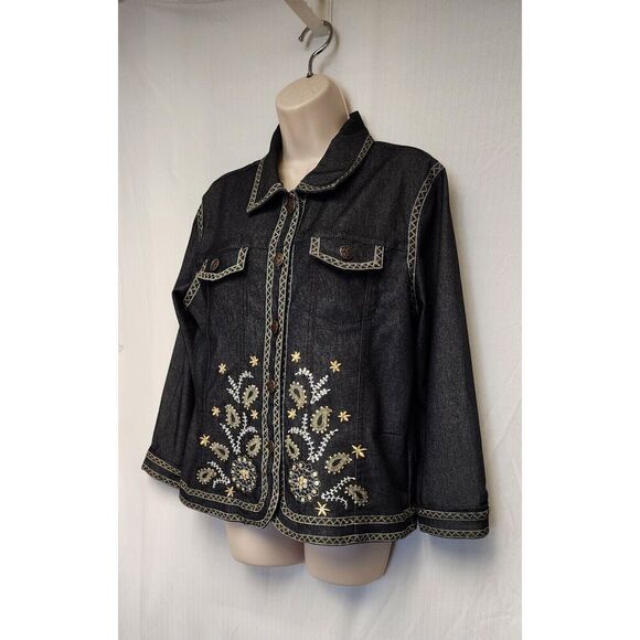 Analogy Embrodery Long Sleeve Denim Jacket Women Size XL Multicolor Black - Picture 3 of 7